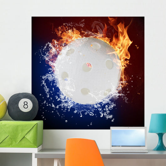 Floorball in fire flames and water splashes Wall Mural