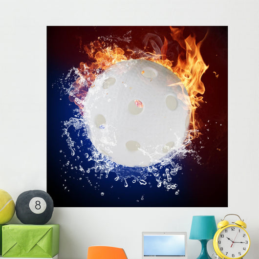 Floorball in fire flames and water splashes Wall Mural