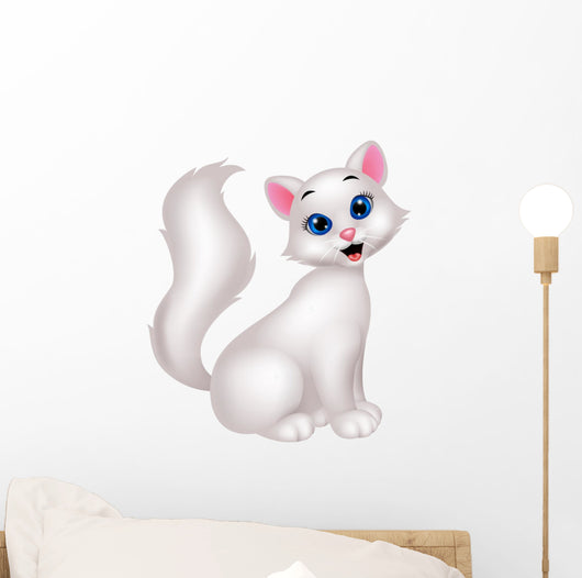 Cute White Cat Cartoon Wall Decal
