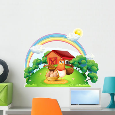 Hen with Basket Egg Wall Decal shown on a wall