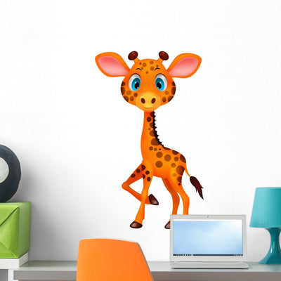 Cute Baby Giraffe Cartoon Wall Decal shown on a wall