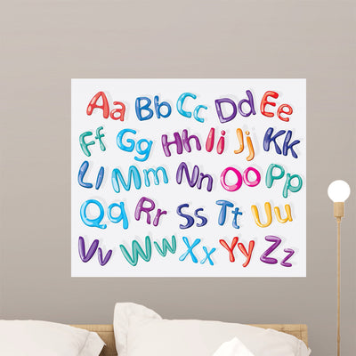 Cartoon Colorful Alphabet Wall Decal Sticker Set shown on a wall