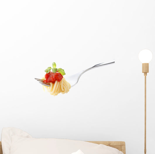 Spaghetti pasta with tomato sauce and basil on fork Wall Decal