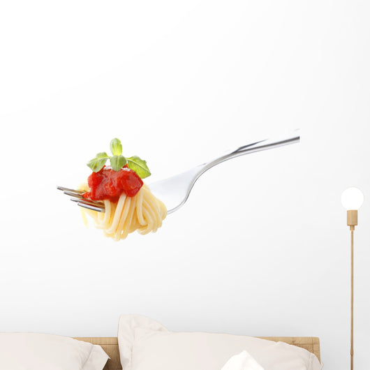 Spaghetti pasta with tomato sauce and basil on fork Wall Decal
