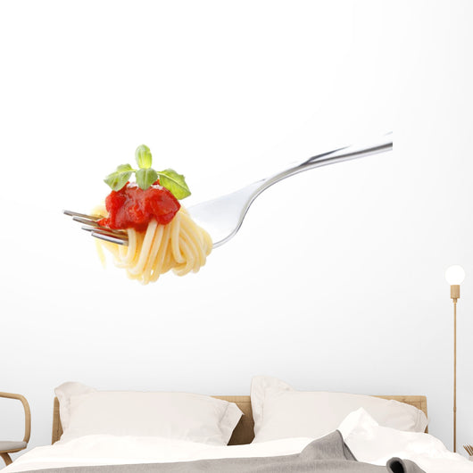 Spaghetti pasta with tomato sauce and basil on fork Wall Decal
