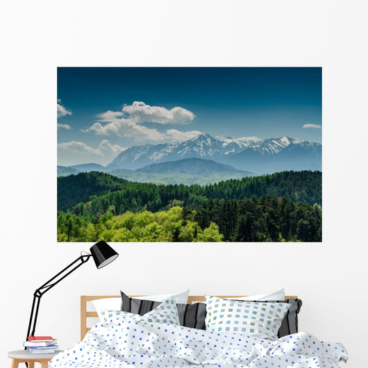 Mountains With Blue Sky And Forrest Scenery Wall Mural