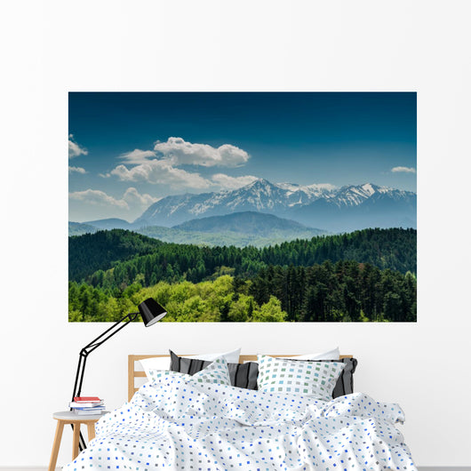 Mountains With Blue Sky And Forrest Scenery Wall Mural