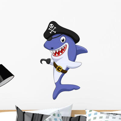 Cute Pirate Shark Wall Decal shown on a wall