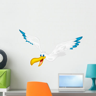 Pelican Cartoon Flying Wall Decal shown on a wall
