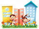 Two Monkeys Dancing in Front of Buildings Wall Decal