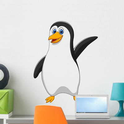 Cute Pinguin Cartoon Waving Wall Decal shown on a wall