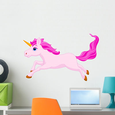 Cute Unicorn Cartoon Running Wall Decal shown on a wall