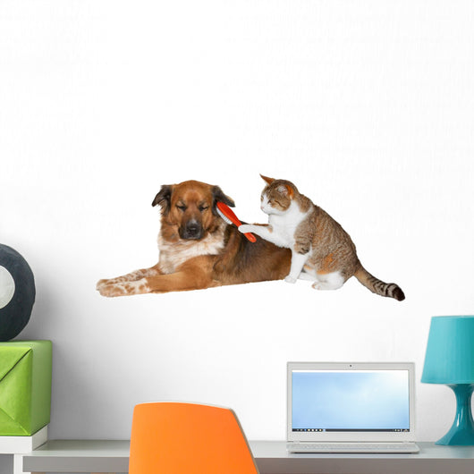 Cat brushing a blissful dog Wall Decal