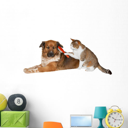 Cat brushing a blissful dog Wall Decal