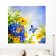Bouquet from blue hydrangeas and  butterfly, a flower background Wall Mural