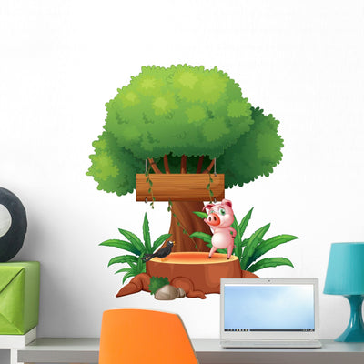 Pig and Bird above Wall Decal shown on a wall