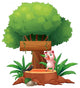 A Pig and a Bird above a Stump in Front of a Wooden Signboard Wall Decal