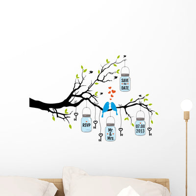 Wedding Invitation with Birds Wall Decal shown on a wall