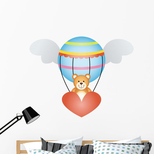 Teddy Bear in a Hot Air Balloon with Angel Wings Wall Decal