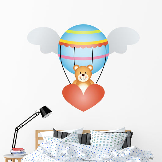 Teddy Bear in a Hot Air Balloon with Angel Wings Wall Decal