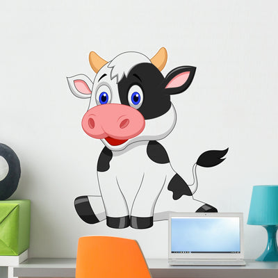 Cute Cow Cartoon Sitting Wall Decal shown on a wall