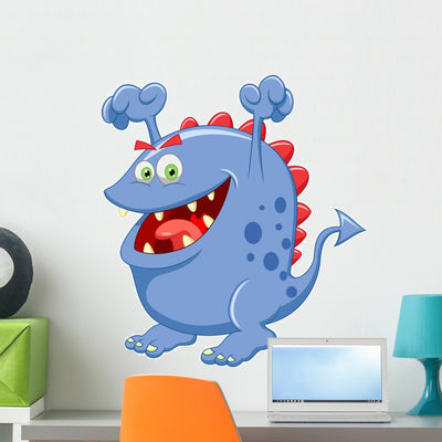 Cute Green Monster Cartoon Wall Decal shown on a wall