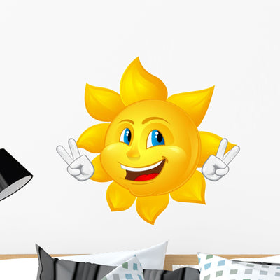 Blue-eyed Smiling Sun Wall Decal shown on a wall