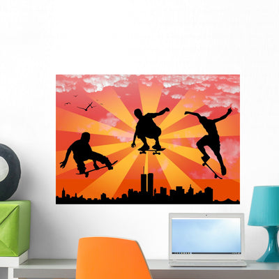 Vector Jumping Skateboarder Wall Mural shown on a wall