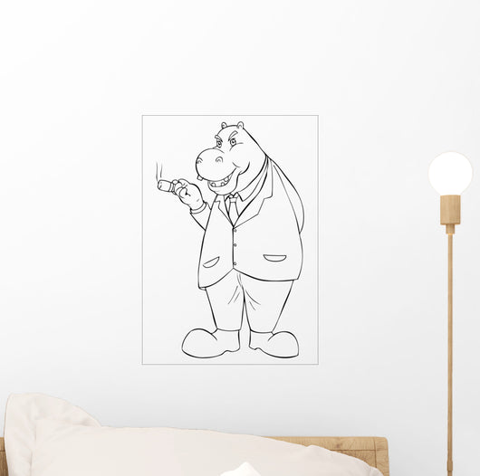 Outline Illustration of a Hippopotamus Smoking a Cigar Wall Decal