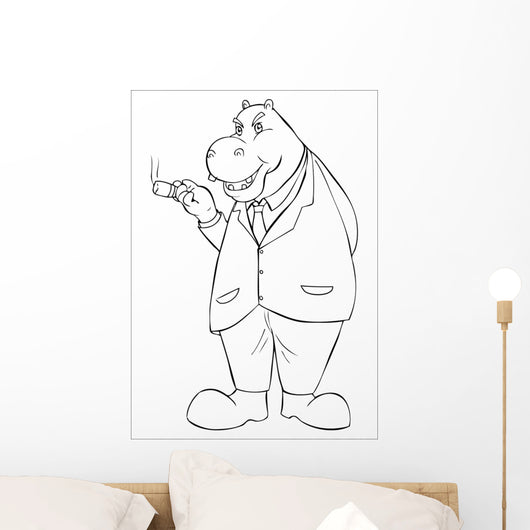 Outline Illustration of a Hippopotamus Smoking a Cigar Wall Decal