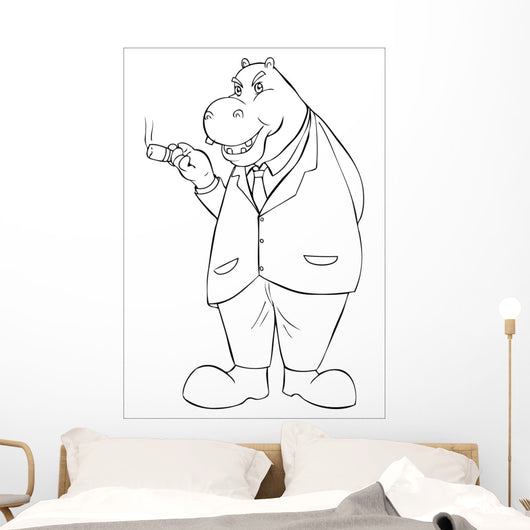 Outline Illustration of a Hippopotamus Smoking a Cigar Wall Decal