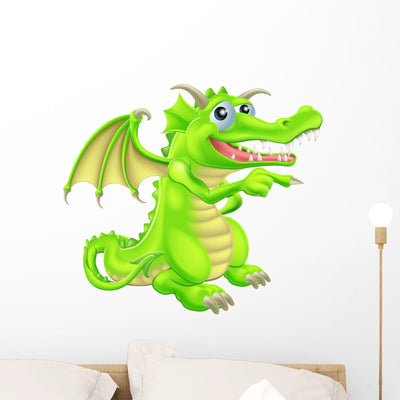 Cartoon Dragon Mascot Pointing Wall Decal shown on a wall