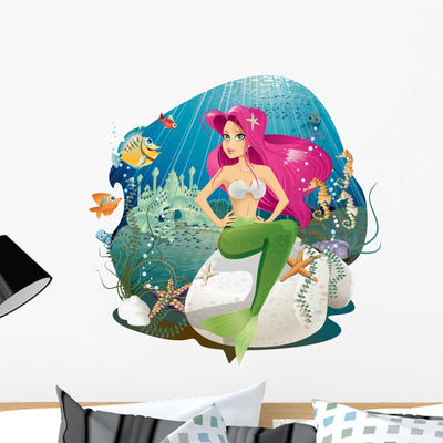 Underwater Mermaid Wall Decal shown on a wall
