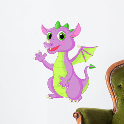 Cute Purple Green Dragon Wall Decal shown on a wall