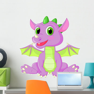 Cute Baby Dragon Cartoon Wall Decal shown on a wall