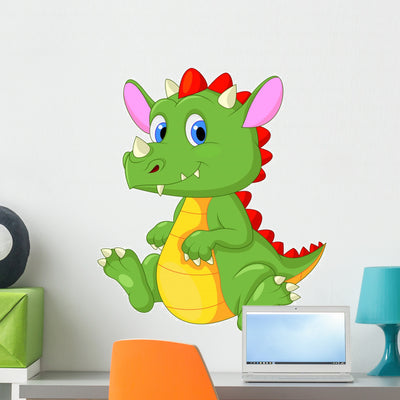 Cute Baby Dragon Cartoon Wall Decal shown on a wall
