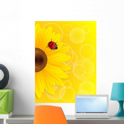 Sunflower and Ladybird Yellow Wall Mural shown on a wall