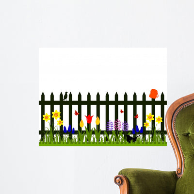 Fence with Spring Flowers Wall Decal shown on a wall