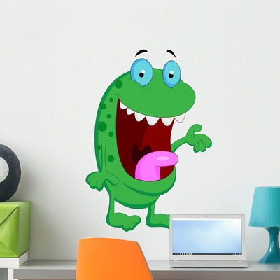 Cute Green Monster Cartoon Wall Decal shown on a wall