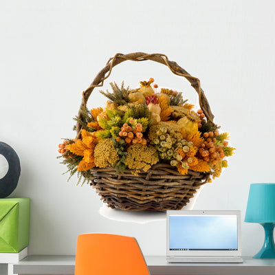 Arrangement Dried Flowers Basket Wall Decal shown on a wall
