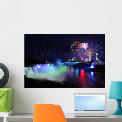 Niagara Falls and Fireworks shown on a wall