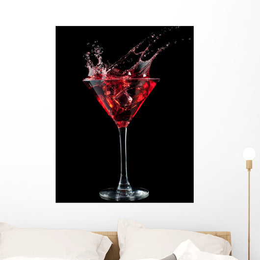 Red Cocktail Splashing Into Glass on Black Wall Mural