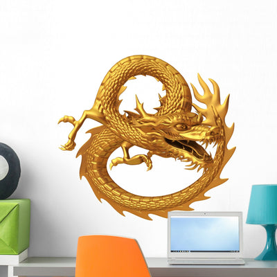 Golden Chinese Dragon Wall Decal shown on a wall