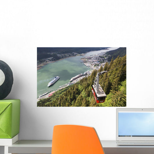 View of the Mount Roberts Tramway above Juneau and cruise ships Wall Mural