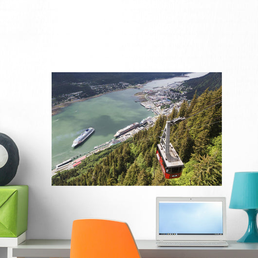 View of the Mount Roberts Tramway above Juneau and cruise ships Wall Mural