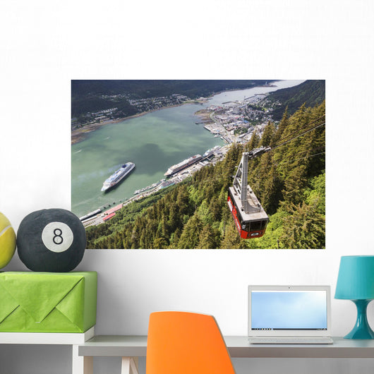 View of the Mount Roberts Tramway above Juneau and cruise ships Wall Mural