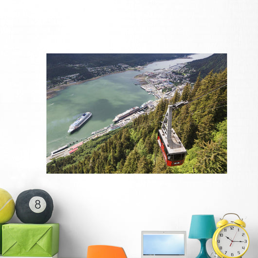 View of the Mount Roberts Tramway above Juneau and cruise ships Wall Mural