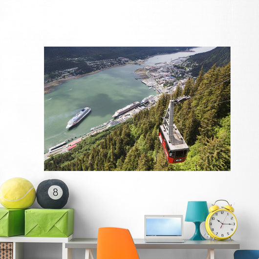 View of the Mount Roberts Tramway above Juneau and cruise ships Wall Mural