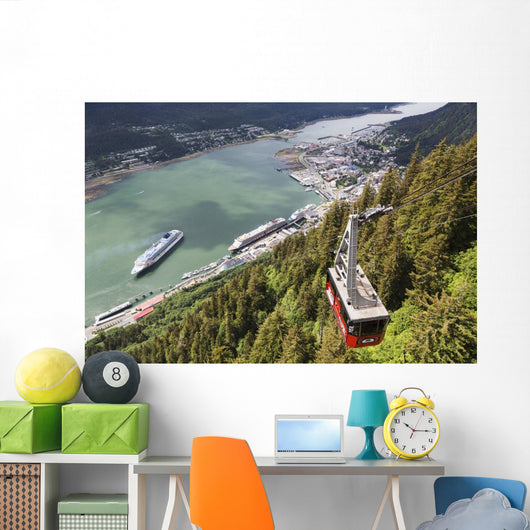 View of the Mount Roberts Tramway above Juneau and cruise ships Wall Mural