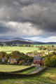 Grass fields and autumn coloured trees under storm clouds Wall Mural